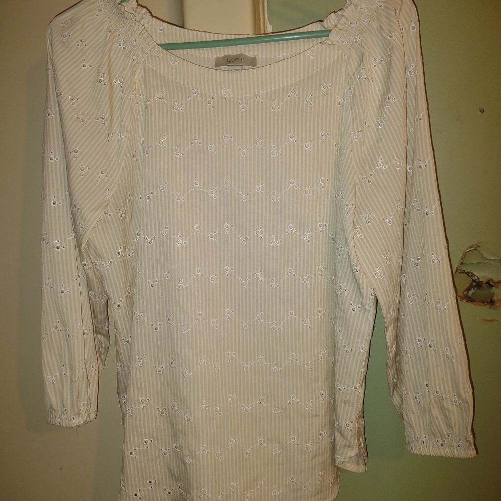Woman's Loft Beige and White‎ Stripe Eyelet top size Small